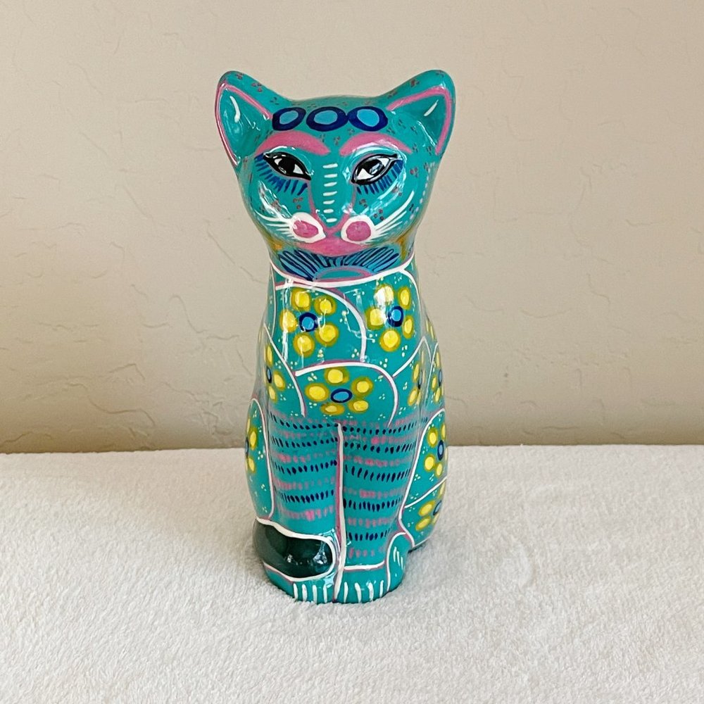 Talavera Cat Statue Glazed Clay Hand Painted Figurine Pottery Turquoise Blue